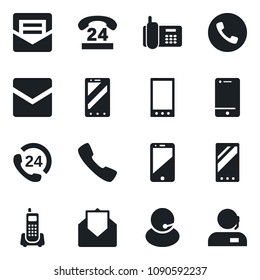 Set of vector isolated black icon - phone vector, mobile, office, 24 hours, support, cell, mail, call