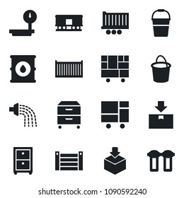 Set of vector isolated black icon - bucket vector, watering, truck trailer, cargo container, consolidated, package, oil barrel, heavy scales, railroad, archive box, water filter
