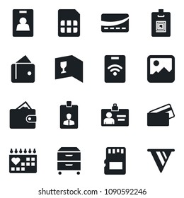 Set of vector isolated black icon - identity card vector, medical calendar, gallery, sd, sim, archive box, wine, credit, pass, wallet, pennon