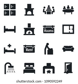Set of vector isolated black icon - baby room vector, shower, checkroom, meeting, fireplace, hospital bed, plan, rent, rooms, bedroom, cushioned furniture, door