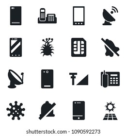 Set of vector isolated black icon - mobile phone vector, virus, satellite antenna, cell, back, sim, mute, cellular signal, office, sun panel