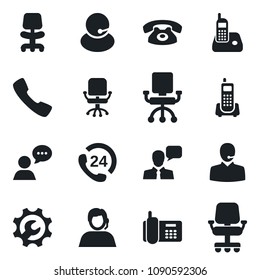 Set of vector isolated black icon - office chair vector, phone, 24 hours, support, speaker, radio, call, root setup