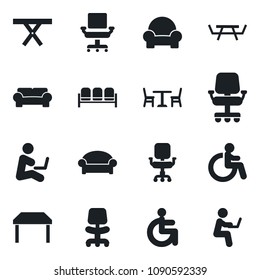 Set of vector isolated black icon - cafe vector, waiting area, disabled, office chair, picnic table, cushioned furniture, man with notebook