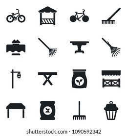 Set of vector isolated black icon - rake vector, garden light, picnic table, fertilizer, bike, restaurant, alcove, outdoor lamp
