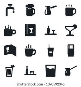 Set of vector isolated black icon - coffee vector, water supply, alcohol, wine card, drink, cocktail, phyto bar, beer, turkish