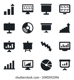 Set of vector isolated black icon - growth statistic vector, presentation board, crisis graph, circle chart, monitor pulse, statistics, bar, pie