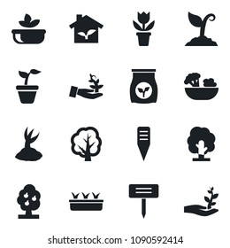 Set of vector isolated black icon - flower in pot vector, seedling, tree, sproute, plant label, fertilizer, fruit, salad, eco house, palm