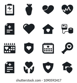 Set of vector isolated black icon - heart vector, pulse, diagnosis, blood pressure, diagnostic, shield, hand, real, medical calendar, clipboard, sweet home