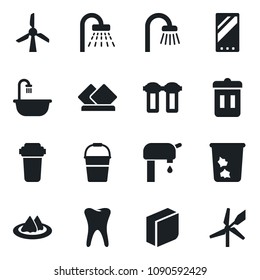 Set of vector isolated black icon - trash bin vector, shower, bucket, tooth, mobile, blank box, water supply, bathroom, serviette, filter, windmill