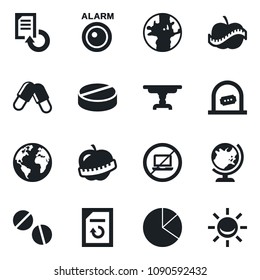Set of vector isolated black icon - no laptop vector, ticket office, globe, document reload, pills, diet, earth, pie graph, table, alarm led