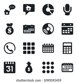 Set of vector isolated black icon - calendar vector, circle chart, microphone, menu, calculator, phone, home message, money bag