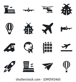 Set of vector isolated black icon - plane vector, departure, ladder car, boarding, helicopter, seat map, globe, airport building, lady bug, rocket, paper, air balloon