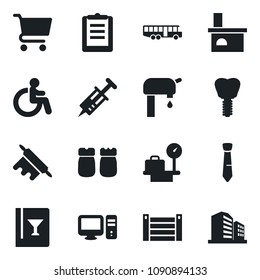 Set of vector isolated black icon - airport bus vector, disabled, luggage scales, fireplace, syringe, implant, container, clipboard, tie, water supply, wine card, salt and pepper, rolling pin, pc