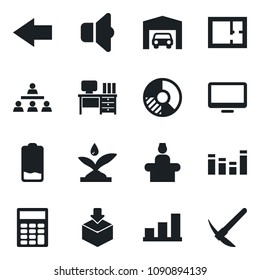 Set of vector isolated black icon - reception vector, left arrow, desk, circle chart, package, equalizer, monitor, low battery, bar graph, calculator, hierarchy, garage, plan, irrigation, sound