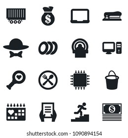 Set of vector isolated black icon - notebook pc vector, document, bucket, heart diagnostic, tomography, medical calendar, truck trailer, career ladder, stapler, cafe, plates, dress code, chip, cash