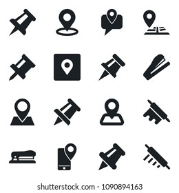 \Set of vector isolated black icon - drawing pin vector, navigation, mobile tracking, paper, place tag, stapler, rolling