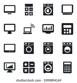 \Set of vector isolated black icon - wireless notebook vector, washer, calculator, tv, monitor, statistics