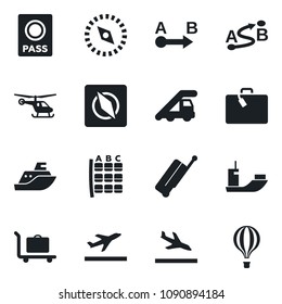 \Set of vector isolated black icon - suitcase vector, departure, arrival, baggage trolley, passport, ladder car, helicopter, seat map, sea shipping, route, compass, air balloon