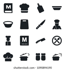 \Set of vector isolated black icon - cook vector, cafe, hat, menu, salt and pepper, bowl, cutting board, knife, steaming pan