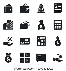 \Set of vector isolated black icon - credit card vector, safe, checkroom, money bag, receipt, office building, combination lock, wallet, investment