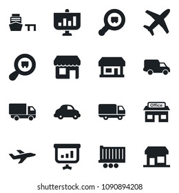 \Set of vector isolated black icon - store vector, plane, truck trailer, car delivery, sea port, search cargo, presentation, storefront