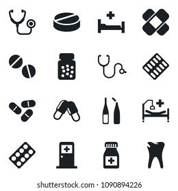 \Set of vector isolated black icon - medical room vector, stethoscope, pills, bottle, blister, ampoule, patch, hospital bed, caries