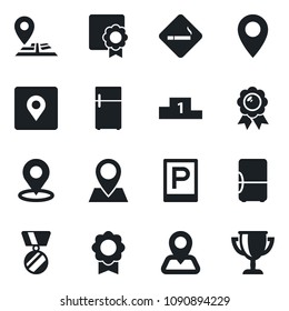\Set of vector isolated black icon - parking vector, smoking place, medal, navigation, pin, tag, sertificate, fridge, pedestal, award cup