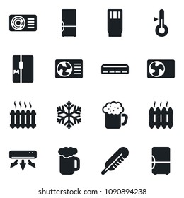 Set of vector isolated black icon - thermometer vector, heater, air conditioner, fridge, drink, beer, snowflake