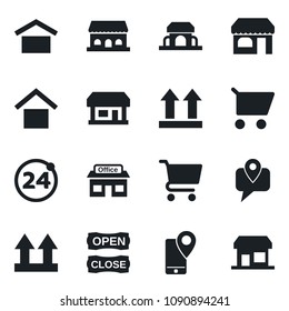 \Set of vector isolated black icon - 24 around vector, shop, store, mobile tracking, warehouse storage, up side sign, cafe building, open close, cart, storefront