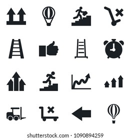 Set of vector isolated black icon - alarm clock vector, left arrow, fork loader, ladder, up side sign, no trolley, finger, career, graph, growth, air balloon