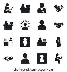Set of vector isolated black icon - male vector, female, handshake, manager place, eye, doctor, user, desk, shining head, man with notebook