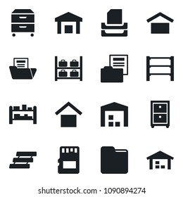 Set of vector isolated black icon - luggage storage vector, warehouse, rack, sd, folder, document, paper tray, archive box