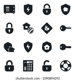 Set of vector isolated black icon - safe vector, lock, flammable, protect, key, estate insurance, home, combination, crisis management
