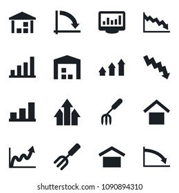 Set of vector isolated black icon - crisis graph vector, garden fork, warehouse storage, monitor statistics, bar, arrow up, growth