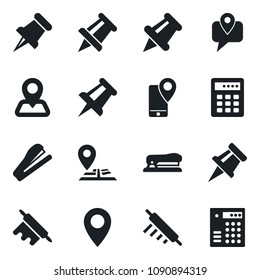 Set of vector isolated black icon - drawing pin vector, navigation, mobile tracking, paper, stapler, rolling, combination lock