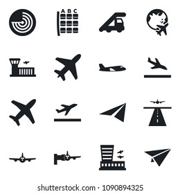 Set of vector isolated black icon - plane vector, runway, departure, arrival, ladder car, radar, boarding, seat map, globe, airport building, paper