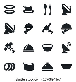 Set of vector isolated black icon - satellite antenna vector, spoon and fork, dish, plates, waiter, chicken, bowl