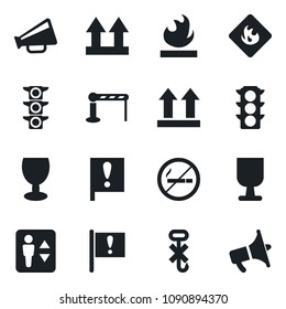 Set of vector isolated black icon - barrier vector, elevator, no smoking, important flag, traffic light, fragile, up side sign, hook, flammable, loudspeaker