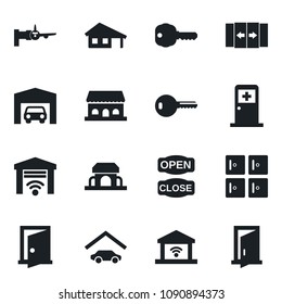 Set of vector isolated black icon - automatic door vector, boarding, medical room, checkroom, house with garage, key, cafe building, open close, gate control