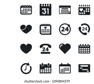 Set of vector isolated black icon - 24 around vector, calendar, heart, medical, hours, clock, schedule