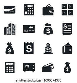 Set of vector isolated black icon - credit card vector, safe, checkroom, money bag, receipt, office building, combination lock, wallet