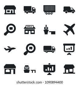 Set of vector isolated black icon - shop vector, store, plane, truck trailer, car delivery, sea port, search cargo, presentation, storefront