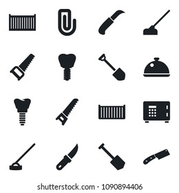 Set of vector isolated black icon - safe vector, job, saw, hoe, garden knife, implant, cargo container, paper clip, dish