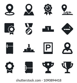 Set of vector isolated black icon - parking vector, smoking place, medal, navigation, pin, tag, sertificate, fridge, pedestal, award cup