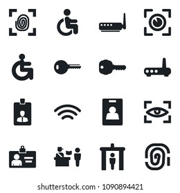Set of vector isolated black icon - passport control vector, security gate, identity card, disabled, wireless, key, fingerprint, router, eye scan
