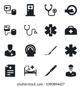 Set of vector isolated black icon - medical room vector, doctor case, diagnosis, stethoscope, blood pressure, scalpel, tomography, ambulance star, hospital bed