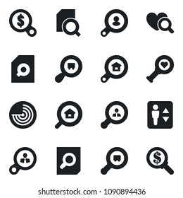 Set of vector isolated black icon - elevator vector, radar, document search, heart diagnostic, cargo, estate, client, consumer, money