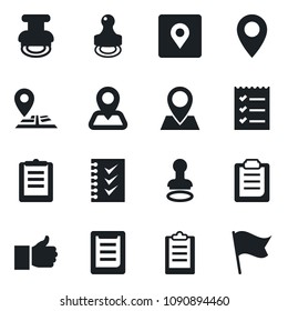 Set of vector isolated black icon - stamp vector, navigation, pin, clipboard, finger up, place tag, checklist, flag