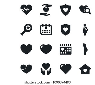 Set of vector isolated black icon - heart vector, pulse, diagnostic, shield, hand, medical calendar, pregnancy, sweet home