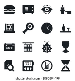 Set of vector isolated black icon - no mobile vector, safe, flight table, abacus, lady bug, heart diagnostic, sea port, fragile, stopwatch, eye id, pie graph, document search, sale, alcohol